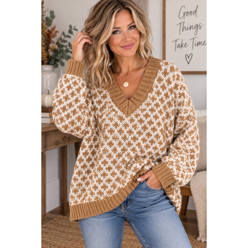 New In L Chunky Knit Sweater Camel Cream V-Neck Oversized Cottagecore Boho